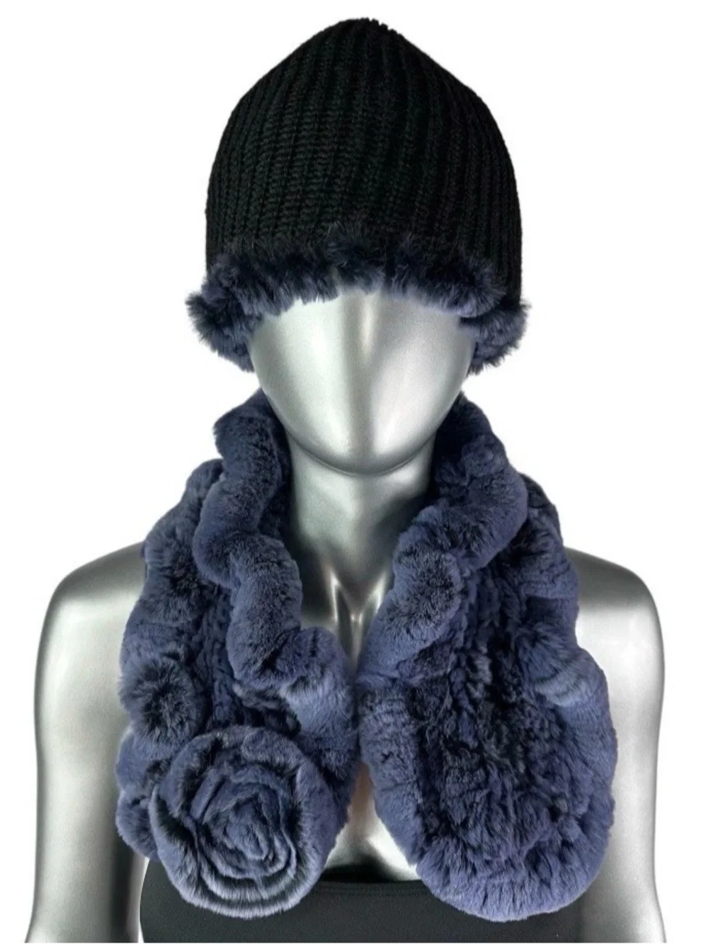Blue REX RABBIT Hat & Scarf w/Rosettes,Sz 21”-23” Stretch, Certified Vintage Fur